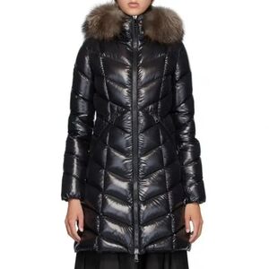 Moncler Fulmarus Glossy Charcoal Puffer Coat with Fur Collar